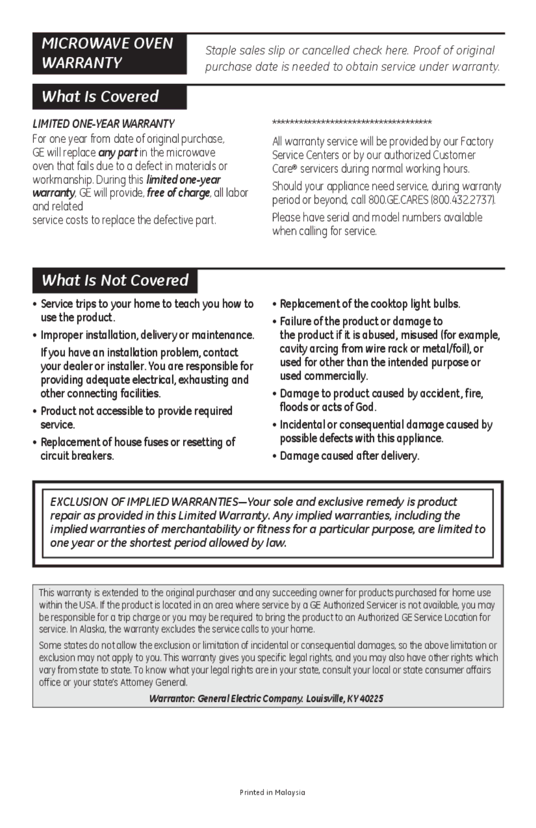 GE LVM1750, HVM1750, JVM1752 owner manual What Is Covered, What Is Not Covered, Service costs to replace the defective part 