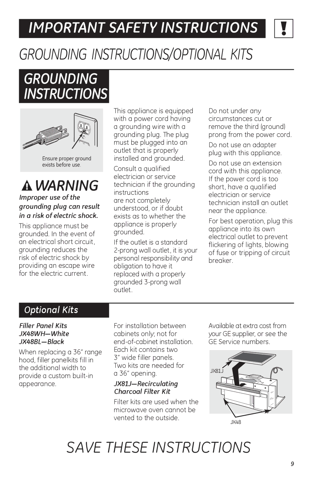 GE LVM1750, HVM1750, JVM1752 owner manual Optional Kits, Filler Panel Kits JX48WH-White JX48BL-Black 