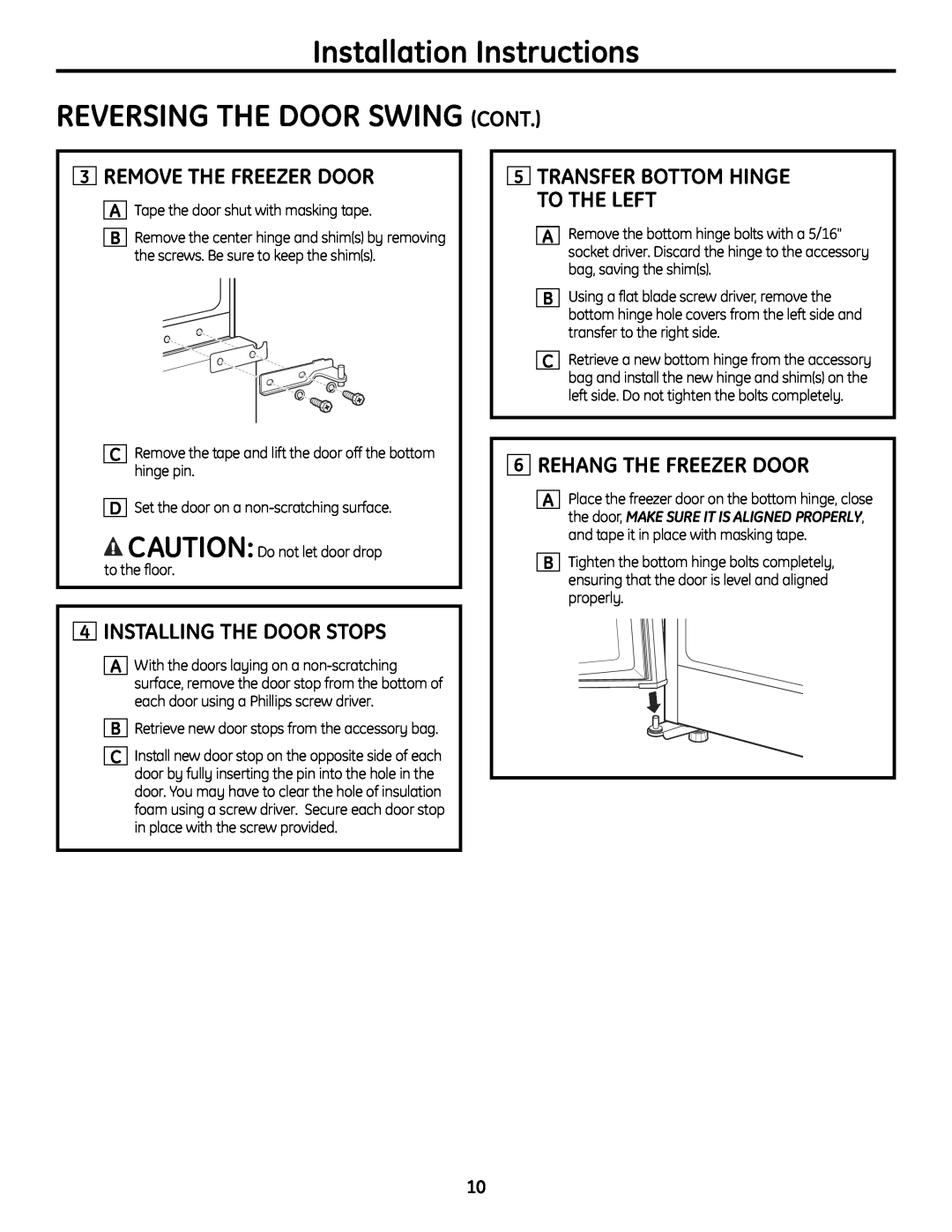 GE MBC12 Reversing The Door Swing Cont, 3REMOVE THE FREEZER DOOR, 4INSTALLING THE DOOR STOPS, 6REHANG THE FREEZER DOOR 