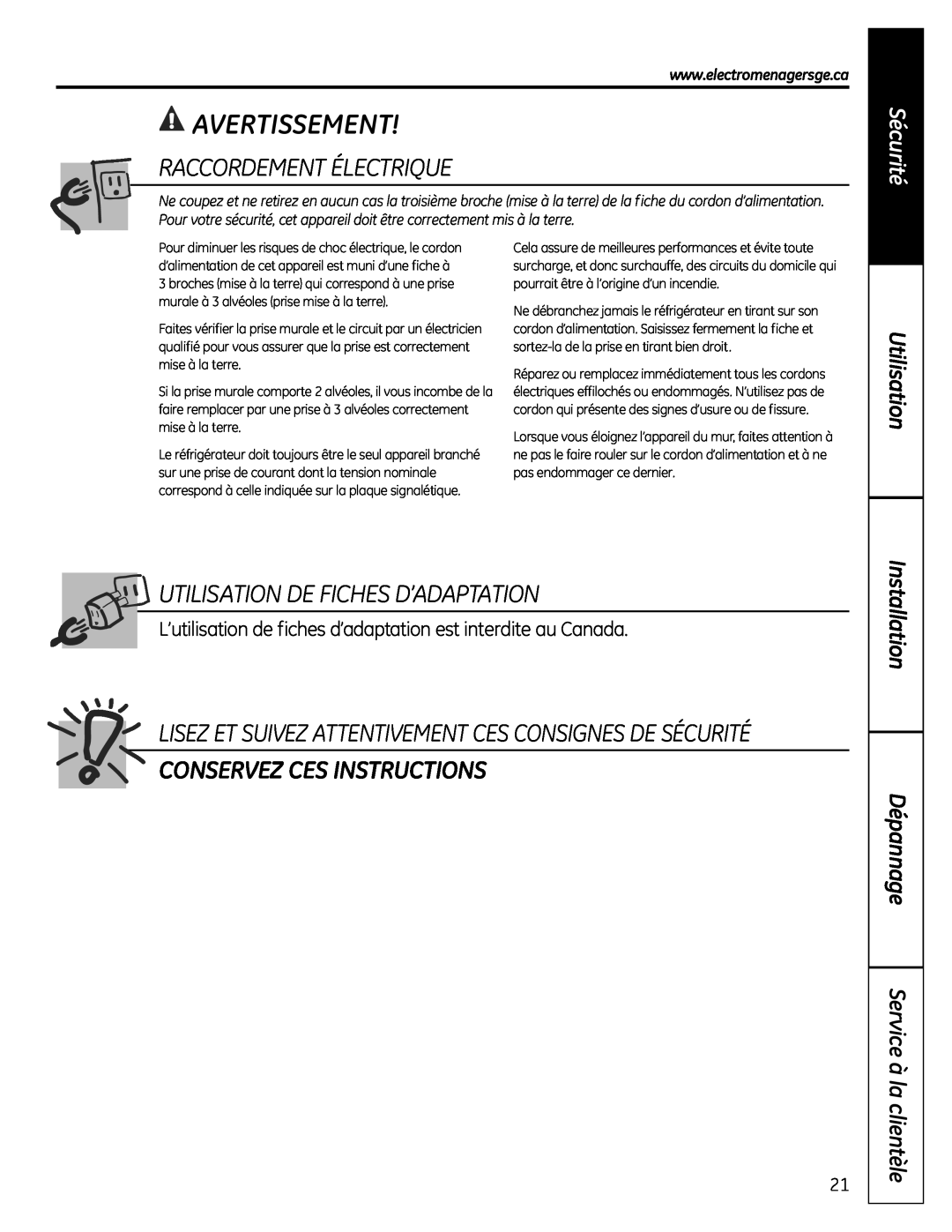 GE MBC12 Raccordement Électrique, Utilisation De Fiches D’Adaptation, Conservez Ces Instructions, Avertissement, Sécurité 