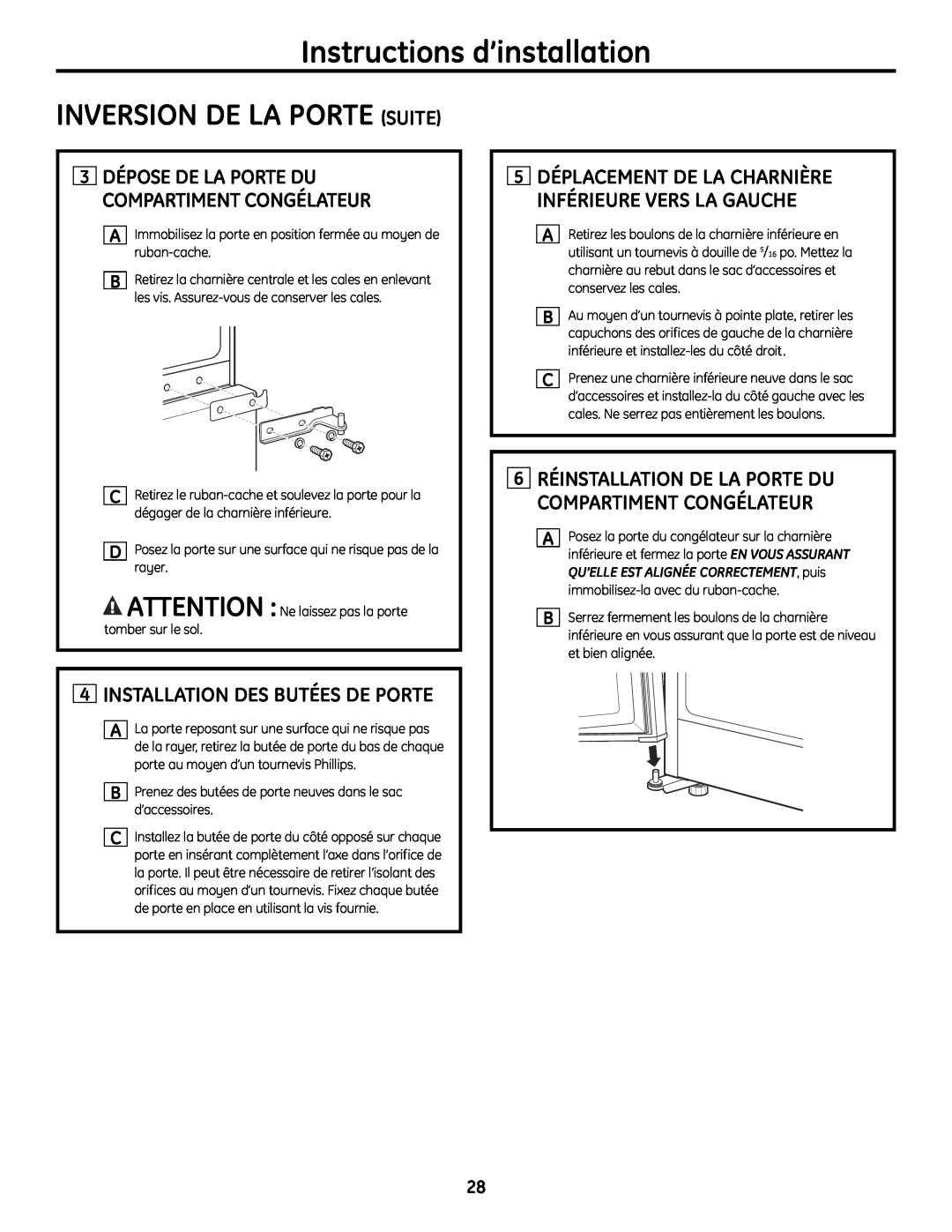 GE MBC12 manual Inversion De La Porte Suite, 4INSTALLATION DES BUTÉES DE PORTE, Instructions d’installation 