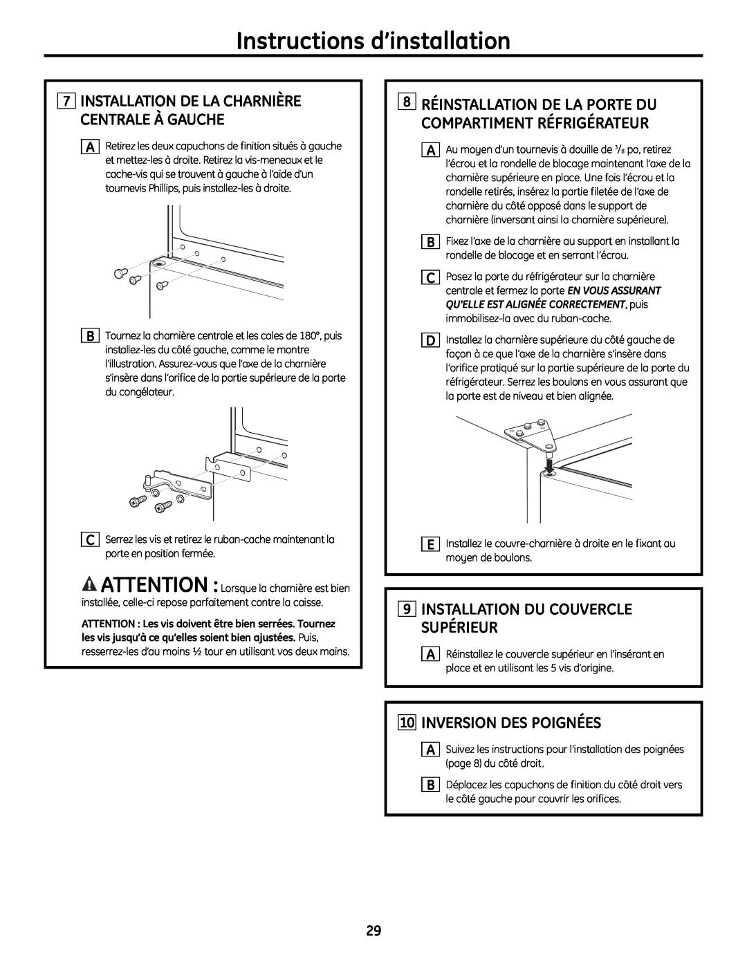 GE MBC12 manual 9INSTALLATION DU COUVERCLE SUPÉRIEUR, 10INVERSION DES POIGNÉES, Instructions d’installation 