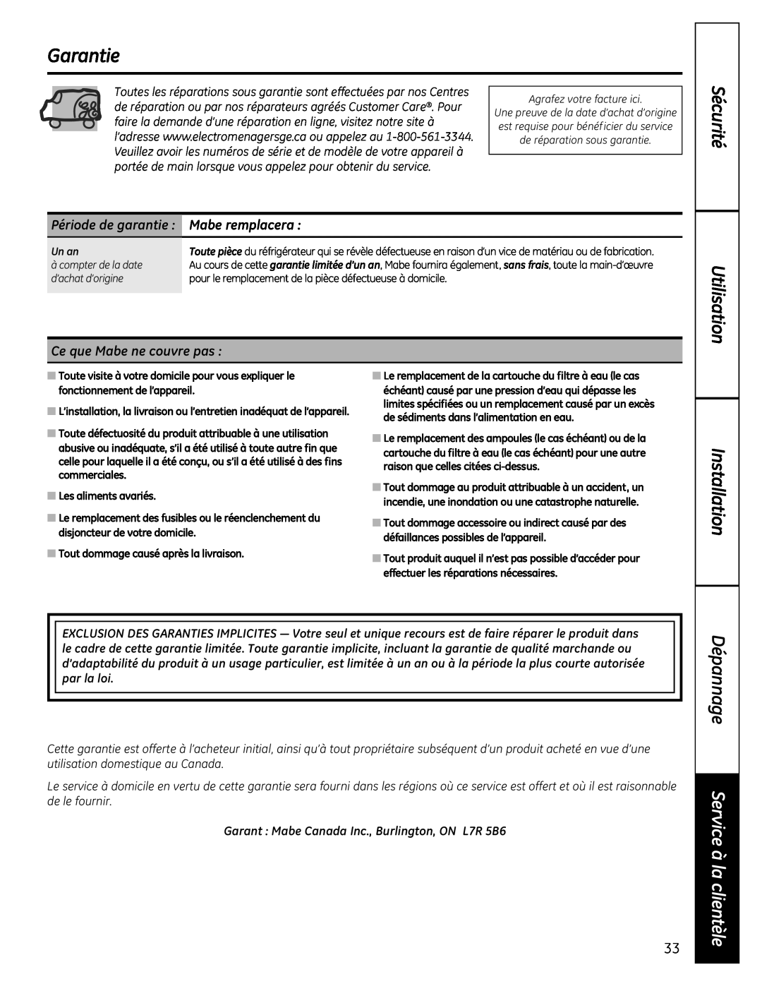 GE MBC12 Garantie, Dépannage, Service à la clientèle, Mabe remplacera, Ce que Mabe ne couvre pas, Sécurité Utilisation 