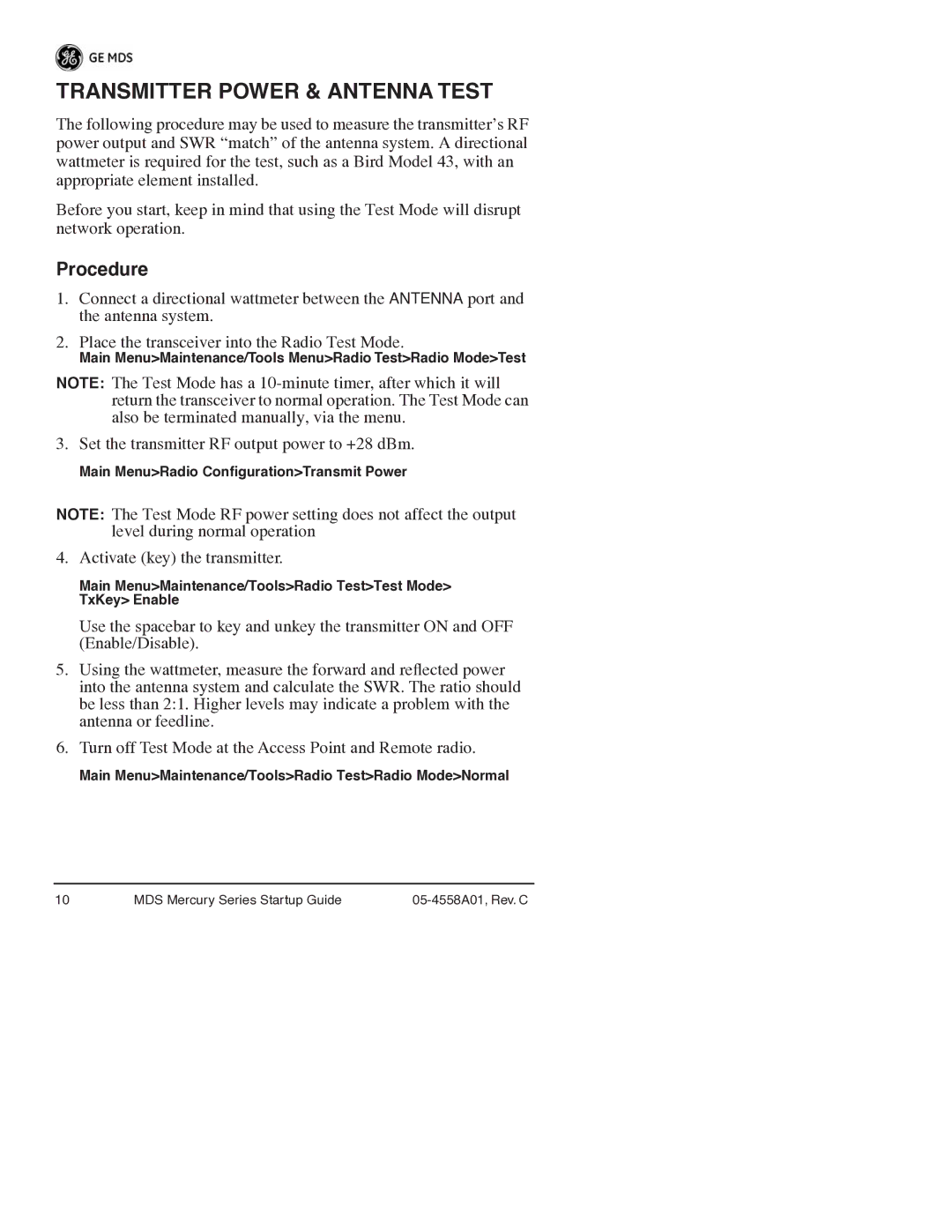 GE MDS 05-4558A01 manual Transmitter Power & Antenna Test 