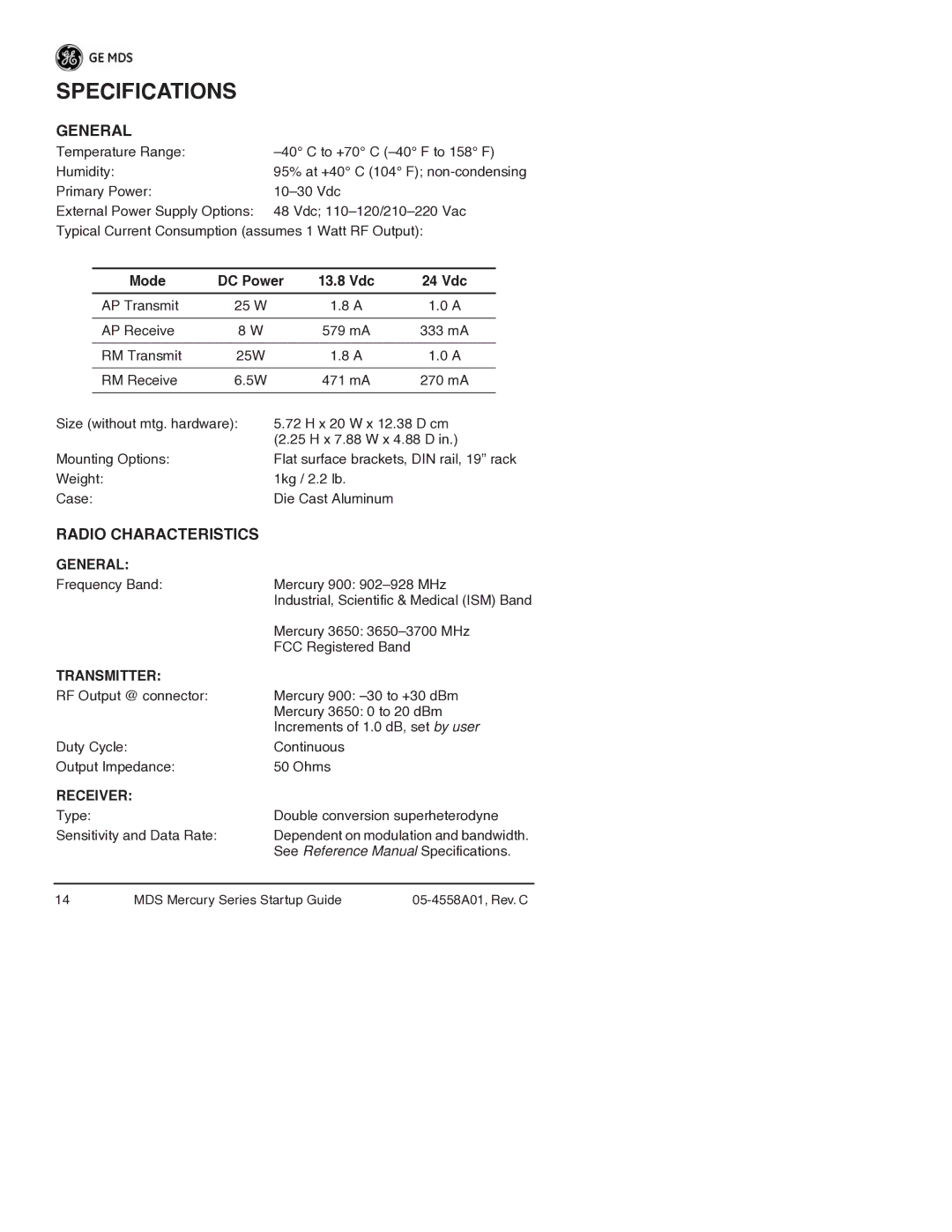 GE MDS 05-4558A01 manual Specifications, General, Transmitter, Receiver 