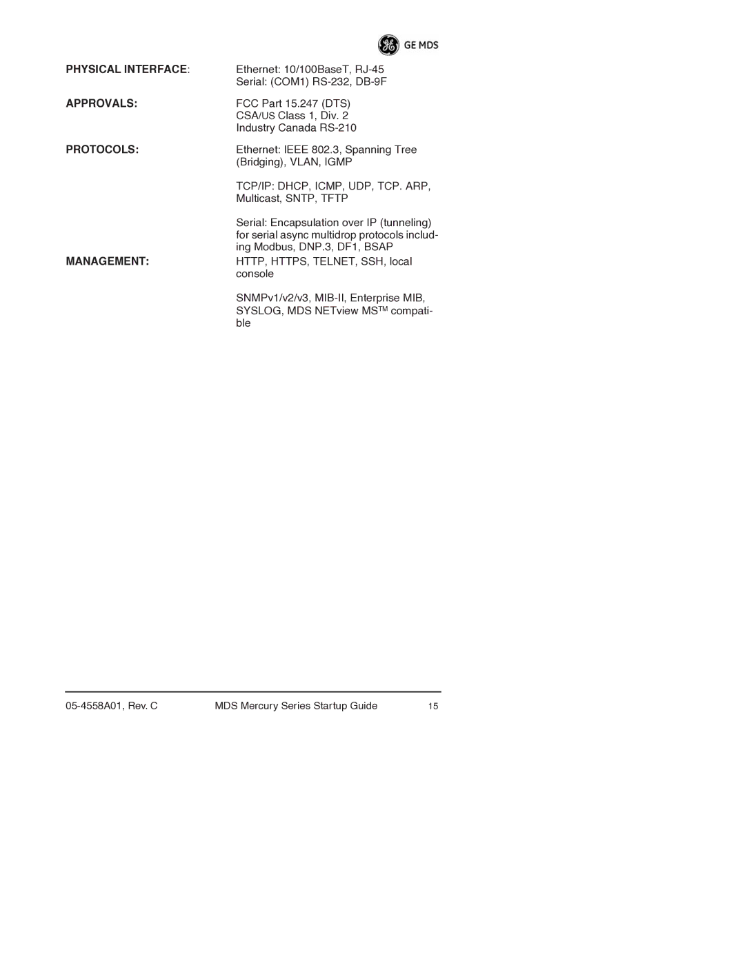 GE MDS 05-4558A01 manual Physical Interface, Approvals, Protocols, Management 