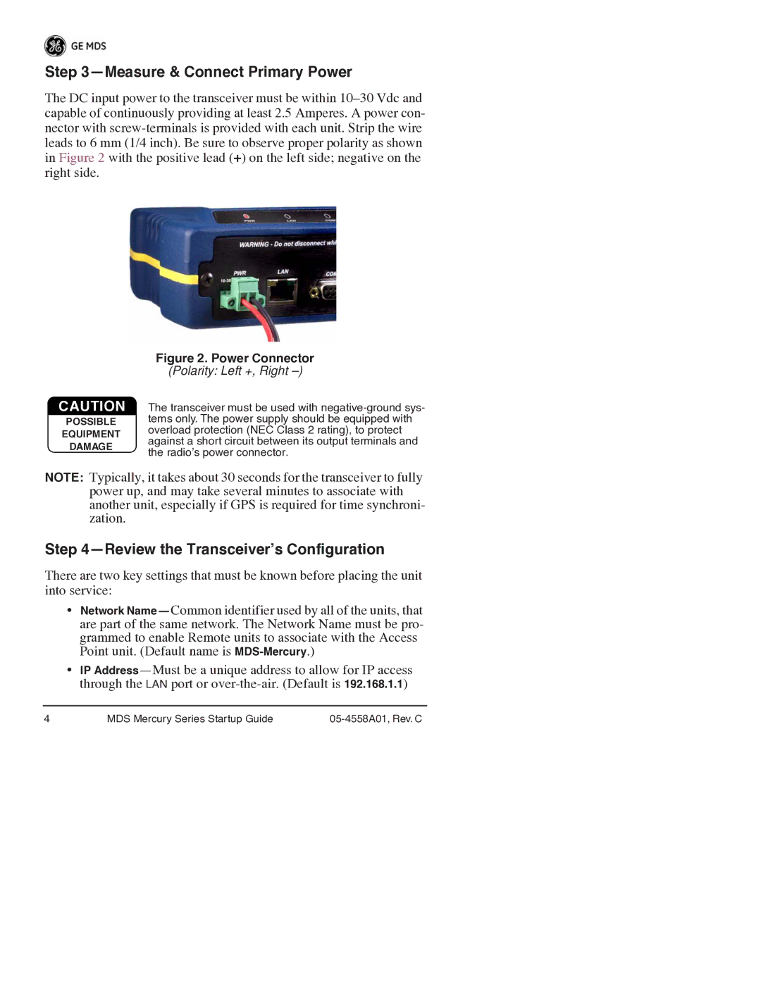 GE MDS 05-4558A01 manual Measure & Connect Primary Power, Review the Transceiver’s Configuration 