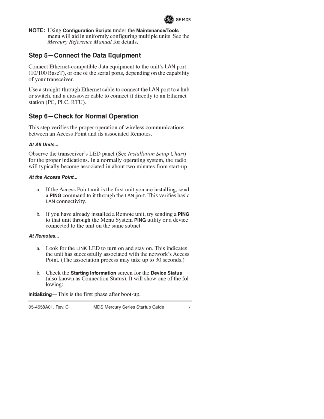 GE MDS 05-4558A01 manual Connect the Data Equipment, Check for Normal Operation 