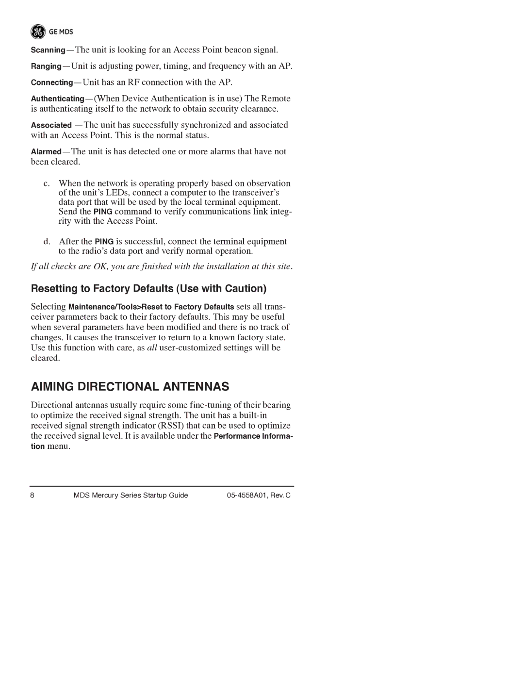 GE MDS 05-4558A01 manual Aiming Directional Antennas, Resetting to Factory Defaults Use with Caution 