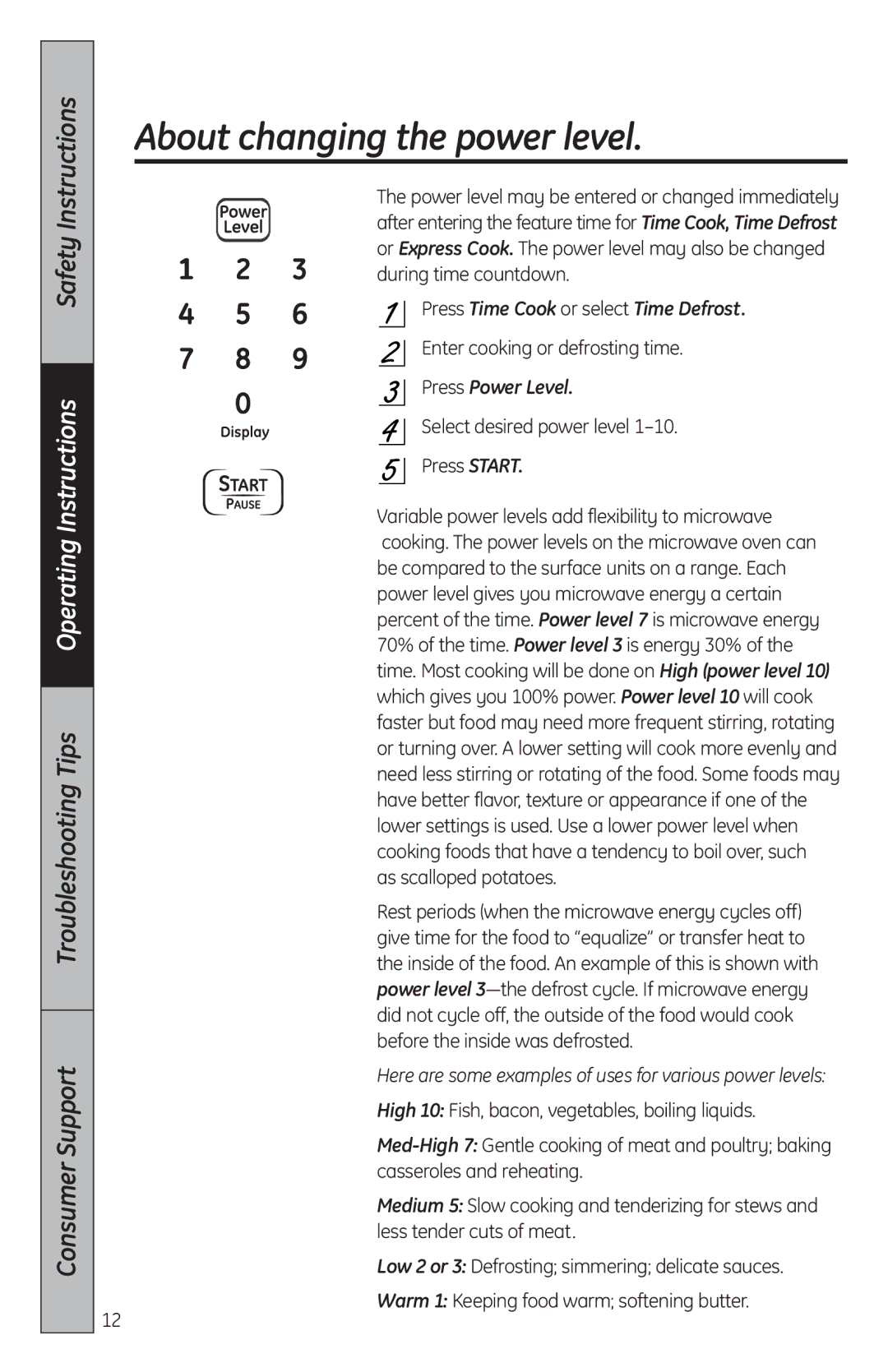 GE MFL38268203, JES2051 About changing the power level, Press Time Cook or select Time Defrost, Press Power Level 