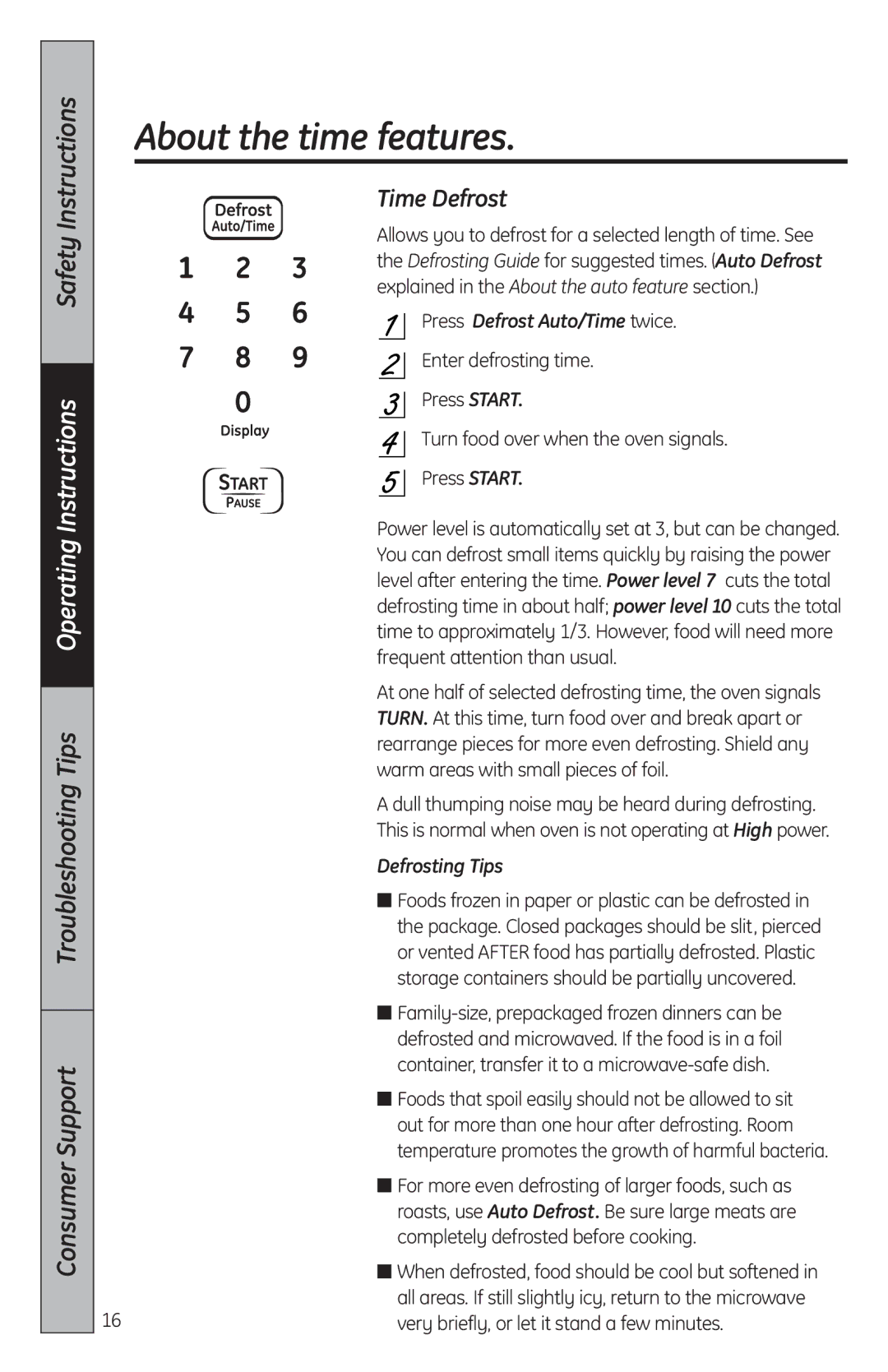 GE MFL38268203, JES2051 owner manual Time Defrost, Press Defrost Auto/Time twice, Defrosting Tips 