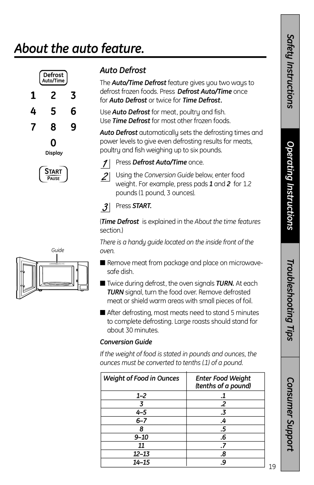 GE JES2051, MFL38268203 owner manual About the auto feature, Auto Defrost, Press Defrost Auto/Time once, Conversion Guide 