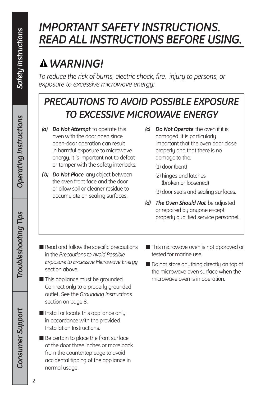 GE MFL38268203, JES2051 owner manual To Excessive Microwave Energy 