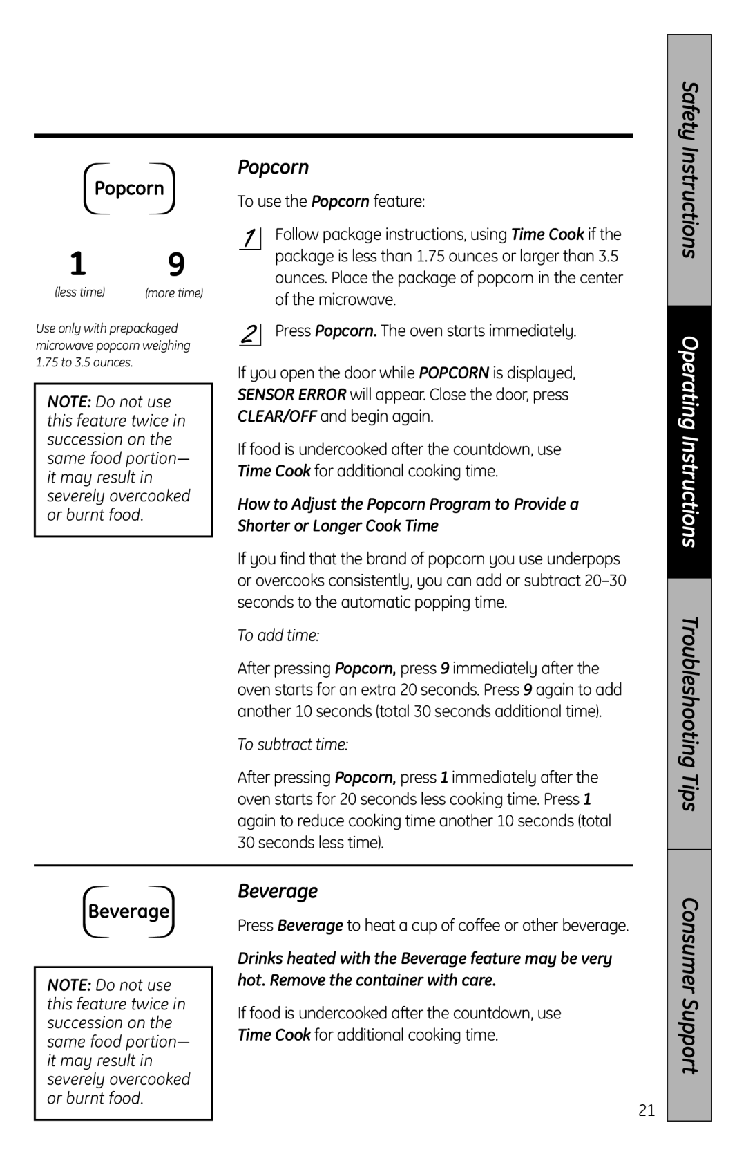 GE JES2051, MFL38268203 owner manual Popcorn, Beverage 