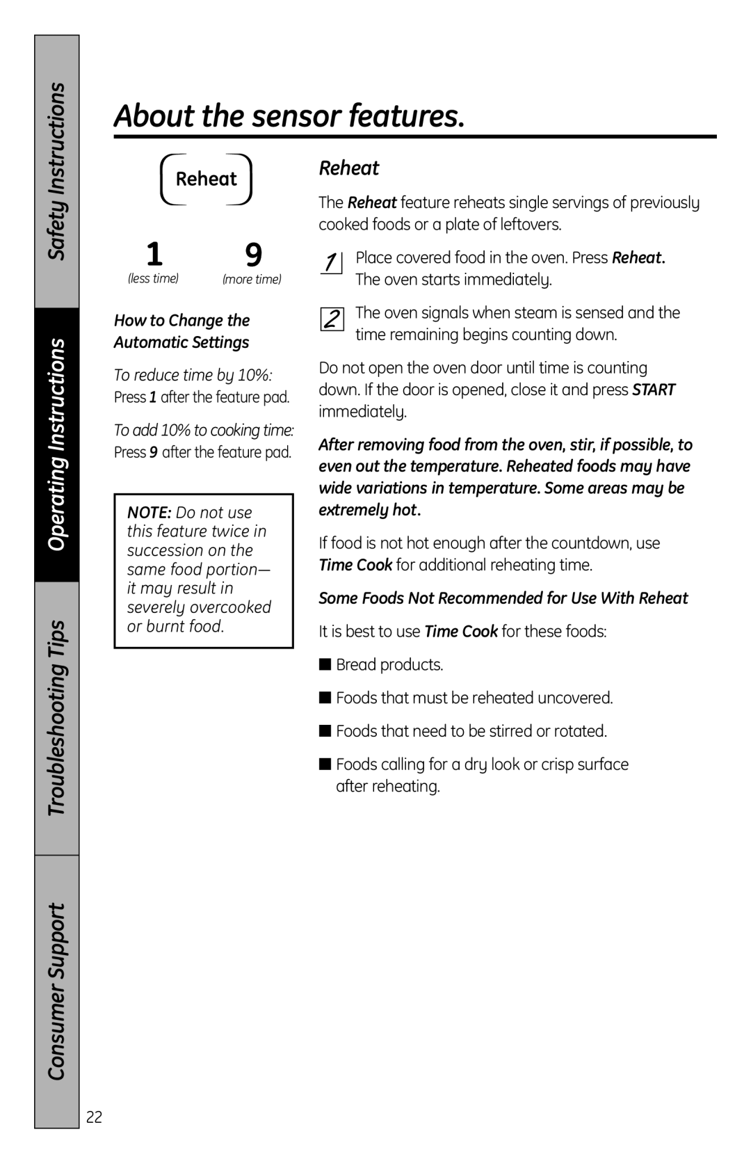 GE MFL38268203, JES2051 How to Change the Automatic Settings, Some Foods Not Recommended for Use With Reheat 