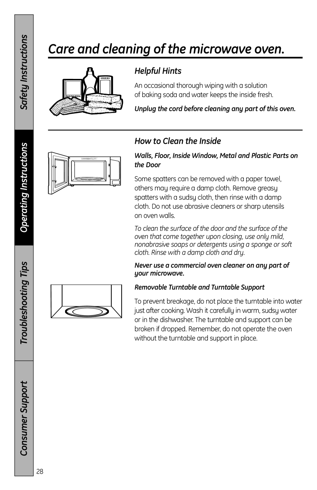 GE MFL38268203, JES2051 owner manual Care and cleaning of the microwave oven, Helpful Hints, How to Clean the Inside 