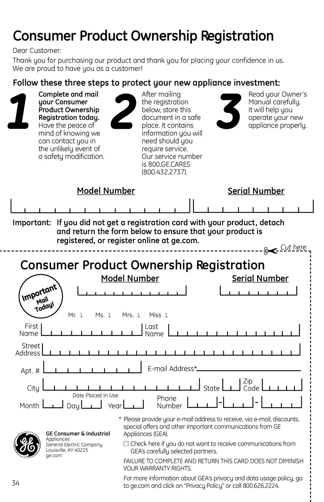 GE MFL38268203, JES2051 owner manual Consumer Product Ownership Registration 