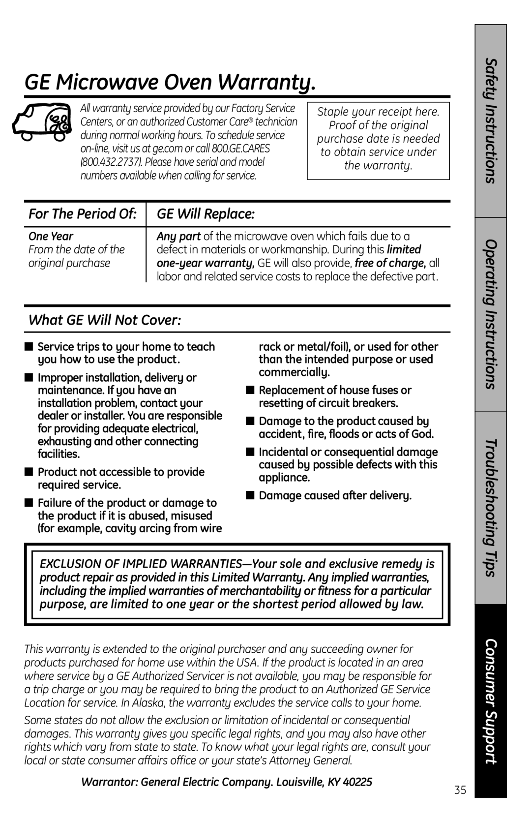 GE JES2051, MFL38268203 owner manual GE Microwave Oven Warranty, GE Will Replace, What GE Will Not Cover, One Year 