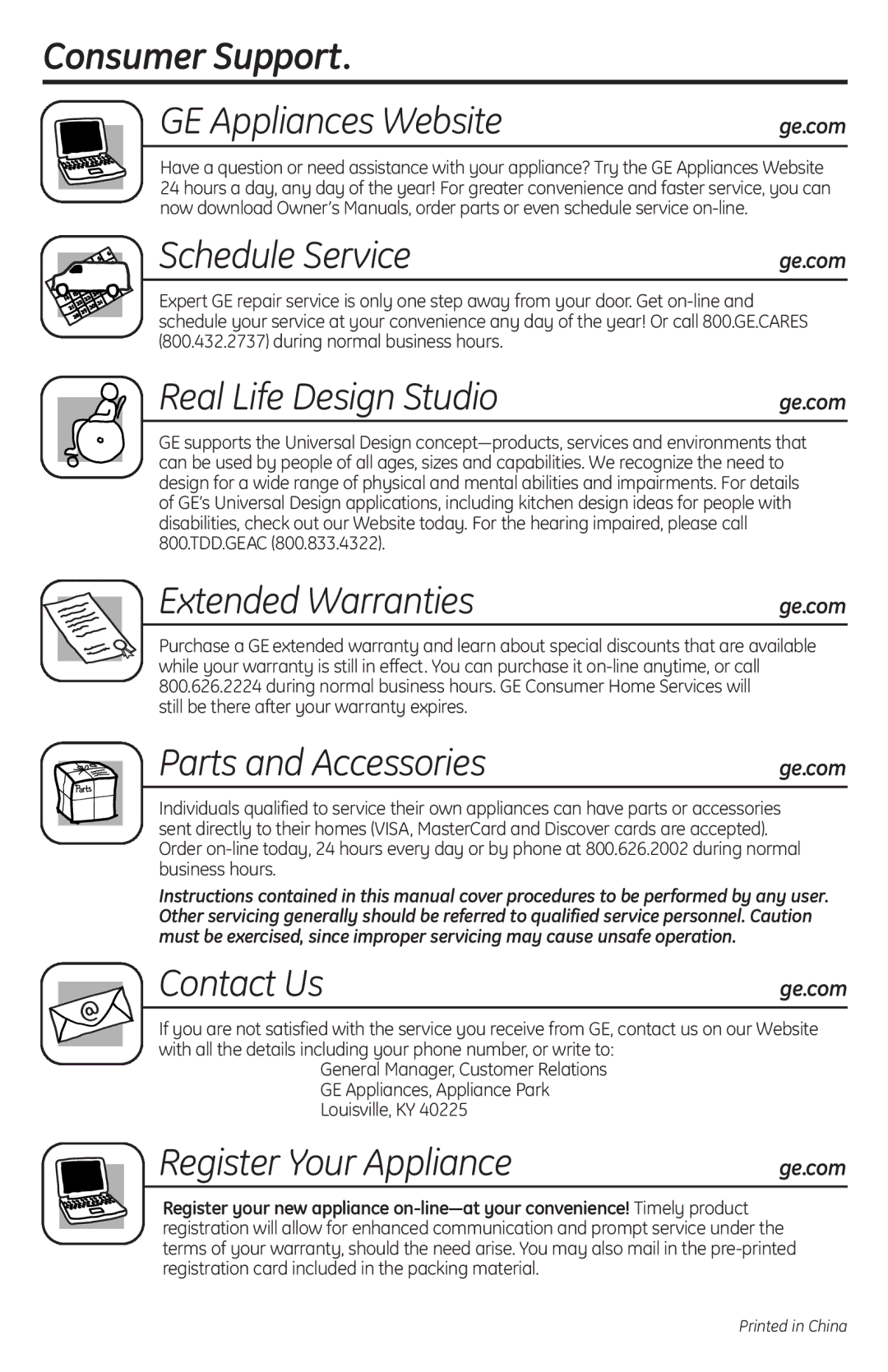 GE MFL38268203 Consumer Support GE Appliances Website, Schedule Service, Real Life Design Studio, Extended Warranties 