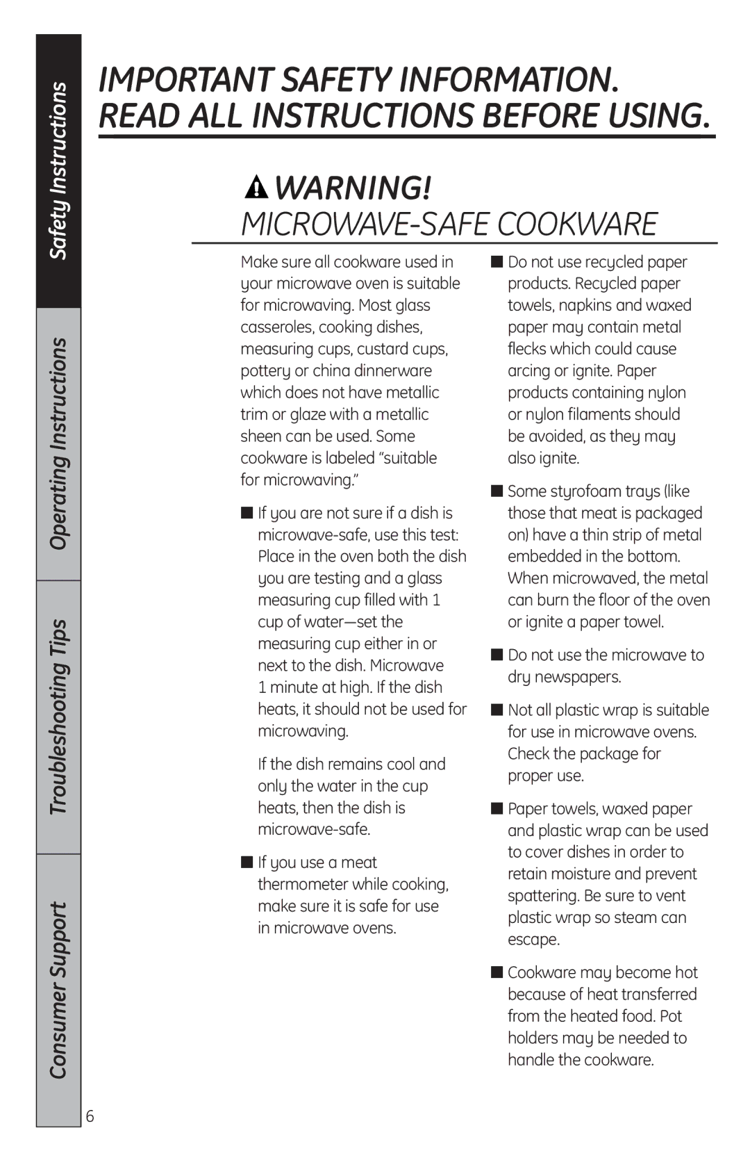 GE MFL38268203, JES2051 owner manual MICROWAVE-SAFE Cookware 