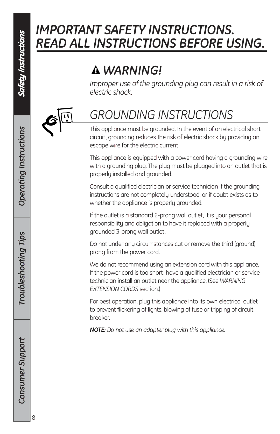 GE MFL38268203, JES2051 owner manual Grounding Instructions 