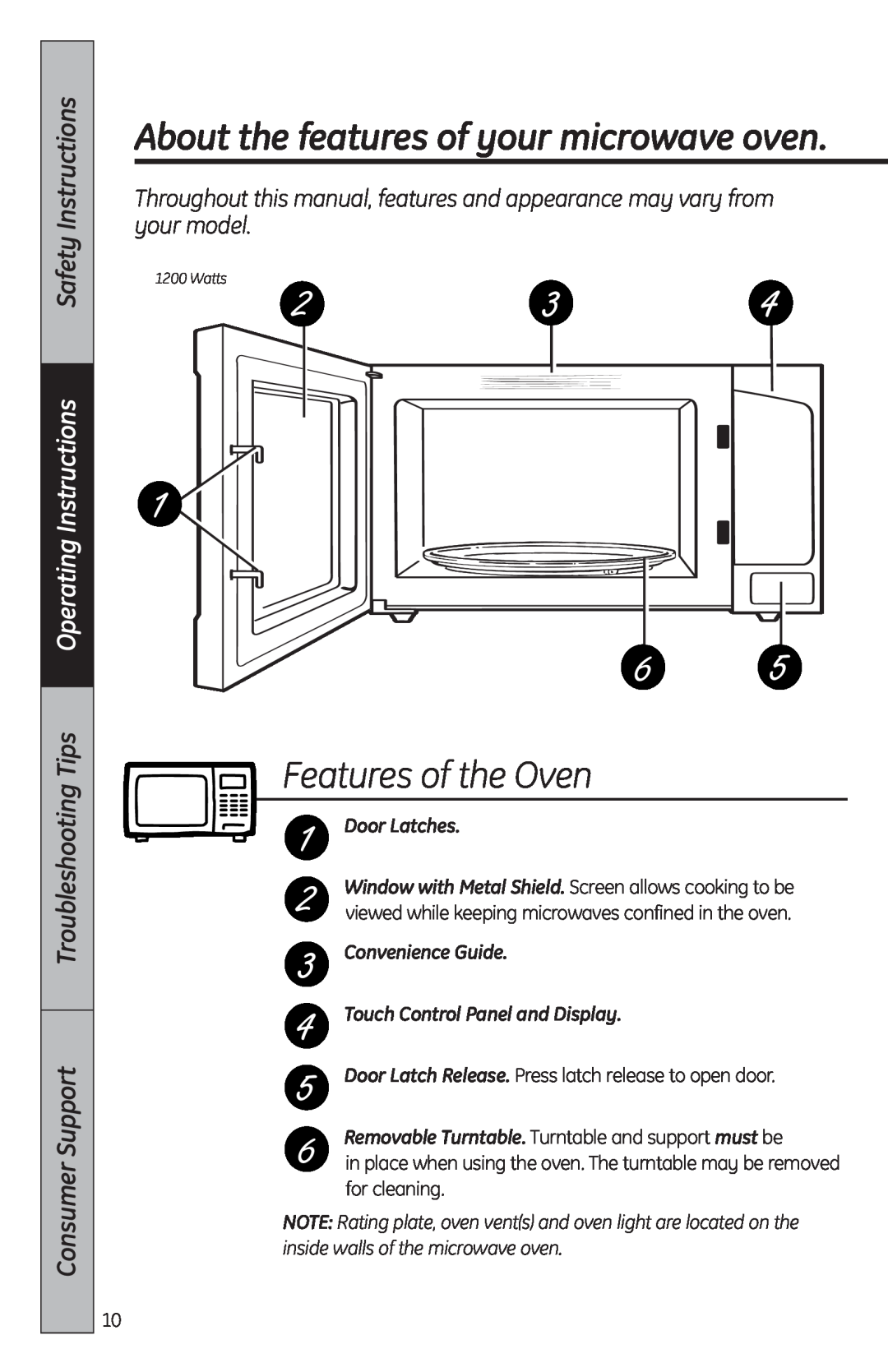 GE MFL38268203 About the features of your microwave oven, Features of the Oven, Safety Instructions, Consumer Support 