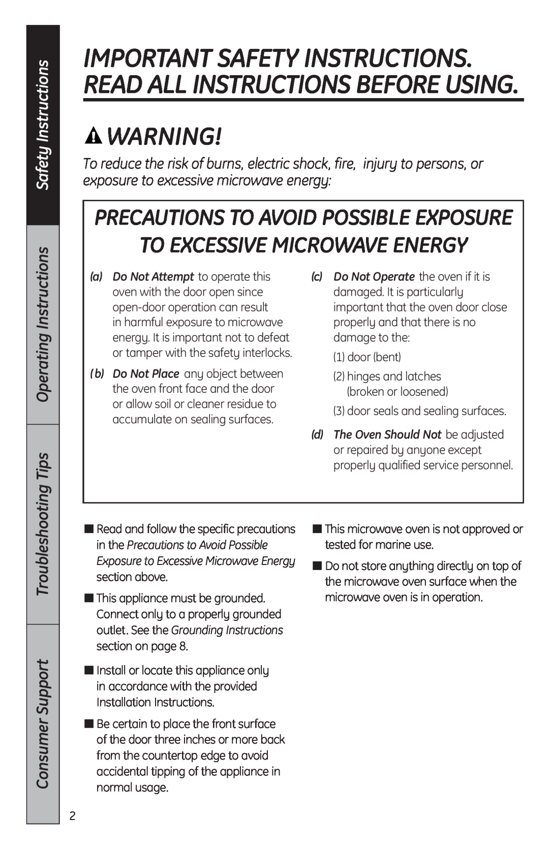 GE MFL38268203, JES2051 owner manual To Excessive Microwave Energy, Safety Instructions, Tips Operating Instructions 