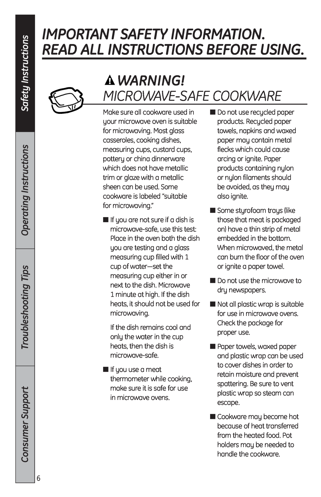 GE MFL38268203 Microwave-Safecookware, Troubleshooting Tips Operating Instructions, Safety Instructions, Consumer Support 