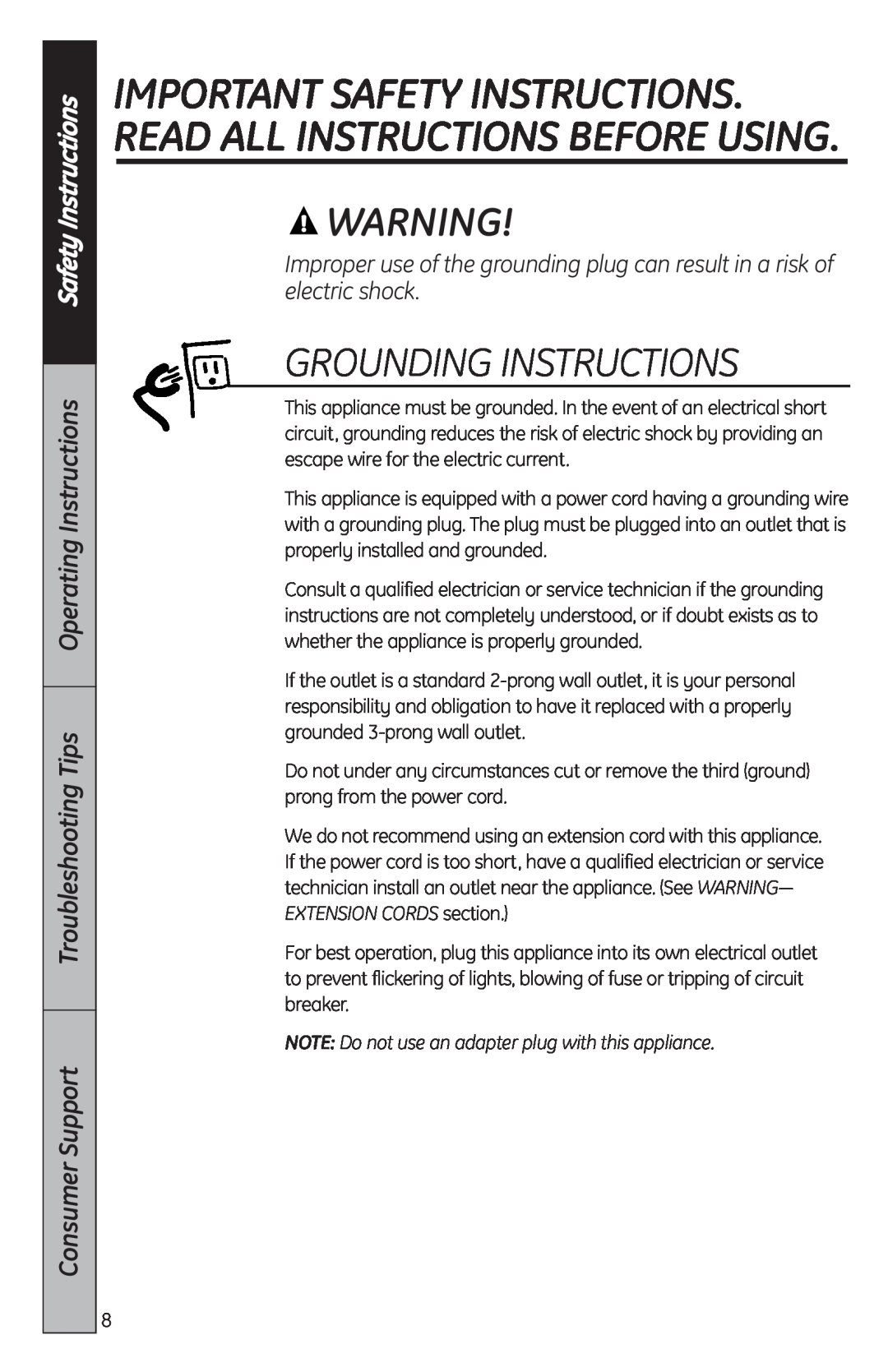 GE MFL38268203 Grounding Instructions, Safety Instructions, Troubleshooting Tips Operating Instructions, Consumer Support 