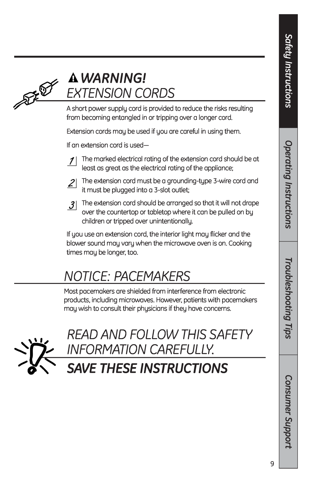 GE JES2051 Extension Cords, Notice Pacemakers, Save These Instructions, Read And Follow This Safety Information Carefully 