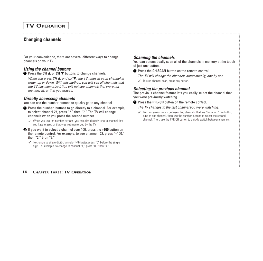 GE MG13400, MG19400, MG20100 manual Changing channels, Using the channel buttons, Directly accessing channels 