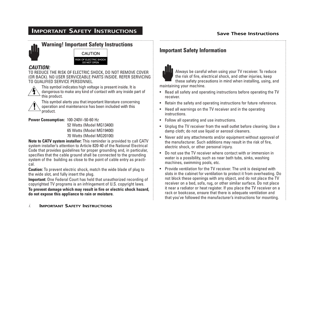 GE MG13400, MG19400, MG20100 manual Important Safety Instructions, Important Safety Information 