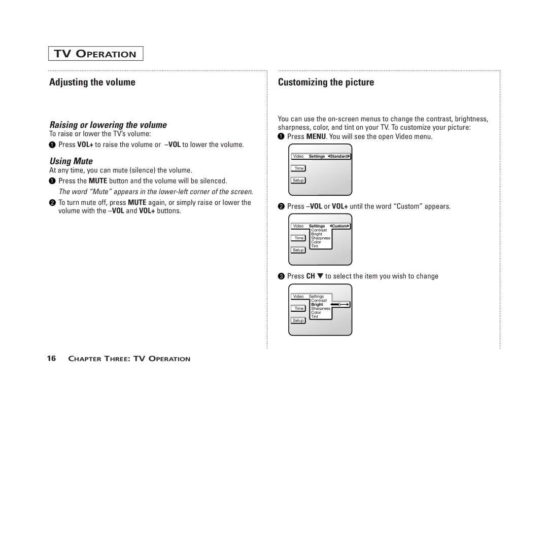 GE MG13400, MG19400, MG20100 Adjusting the volume, Customizing the picture, Raising or lowering the volume, Using Mute 