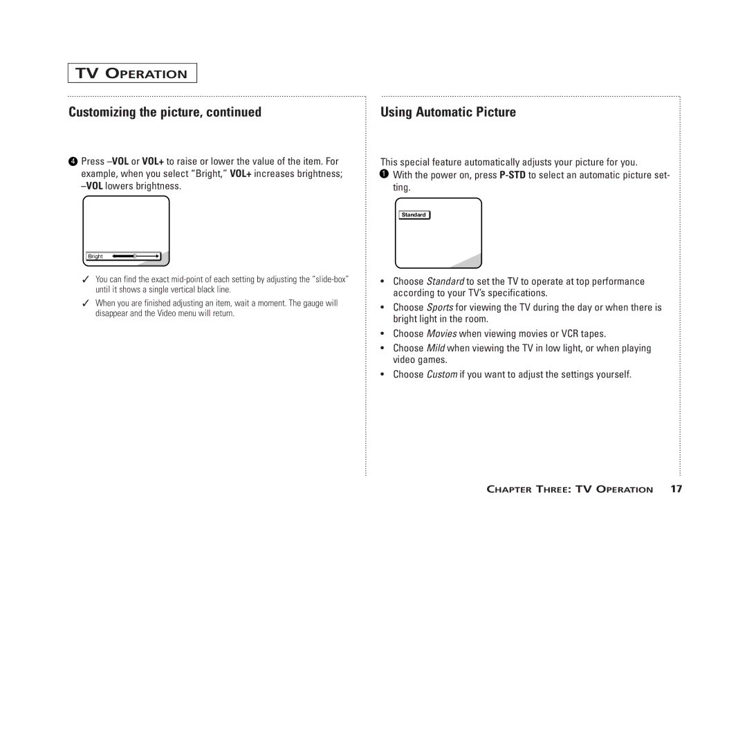 GE MG13400, MG19400, MG20100 manual Using Automatic Picture, VOLlowers brightness 