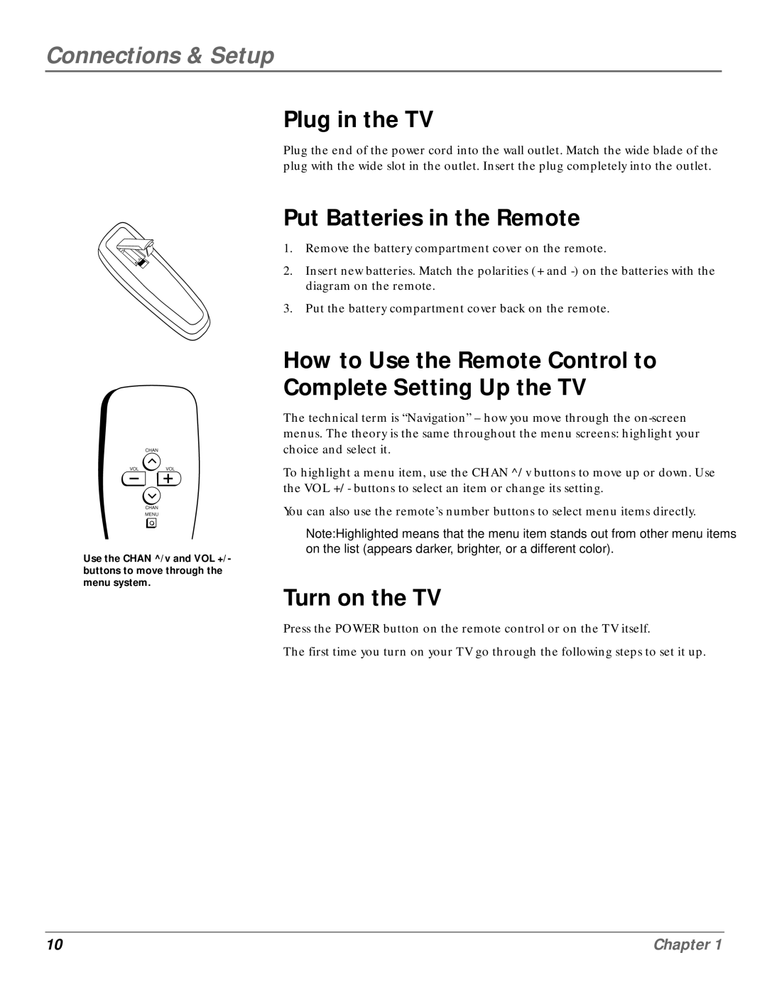 GE MG14200, MG20200 manual Plug in the TV, Put Batteries in the Remote, Turn on the TV 