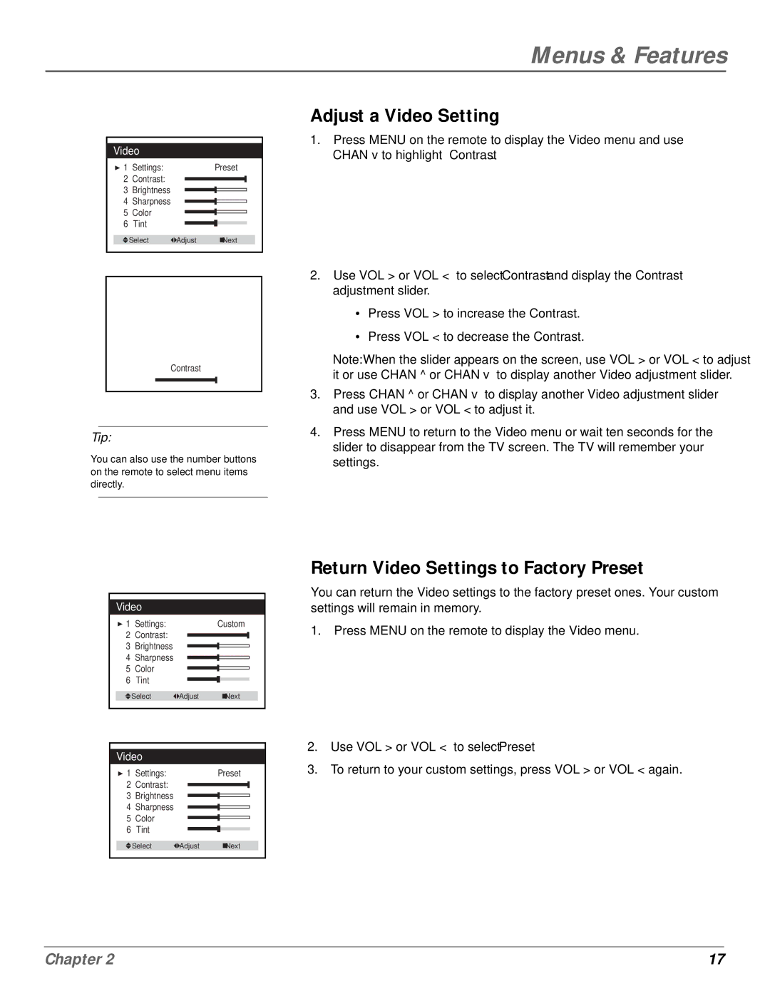 GE MG14200, MG20200 manual Adjust a Video Setting, Return Video Settings to Factory Preset 