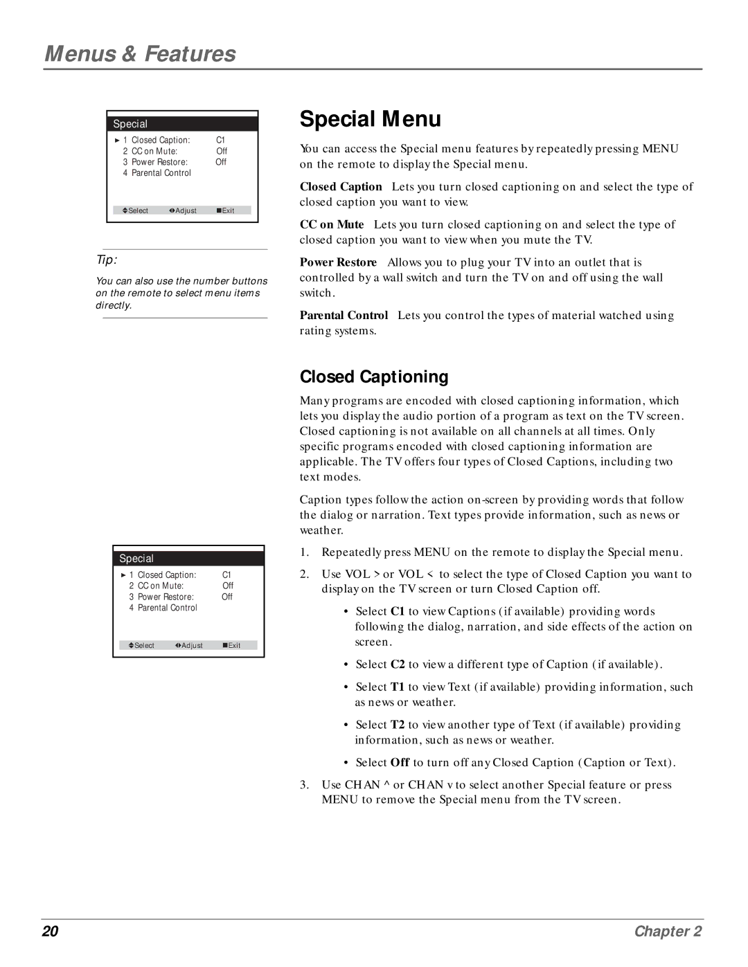 GE MG14200, MG20200 manual Special Menu, Closed Captioning 