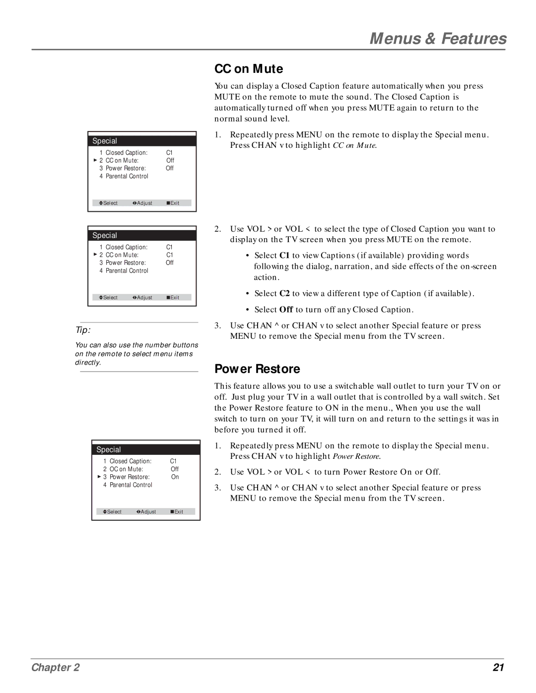 GE MG14200, MG20200 manual CC on Mute, Power Restore 