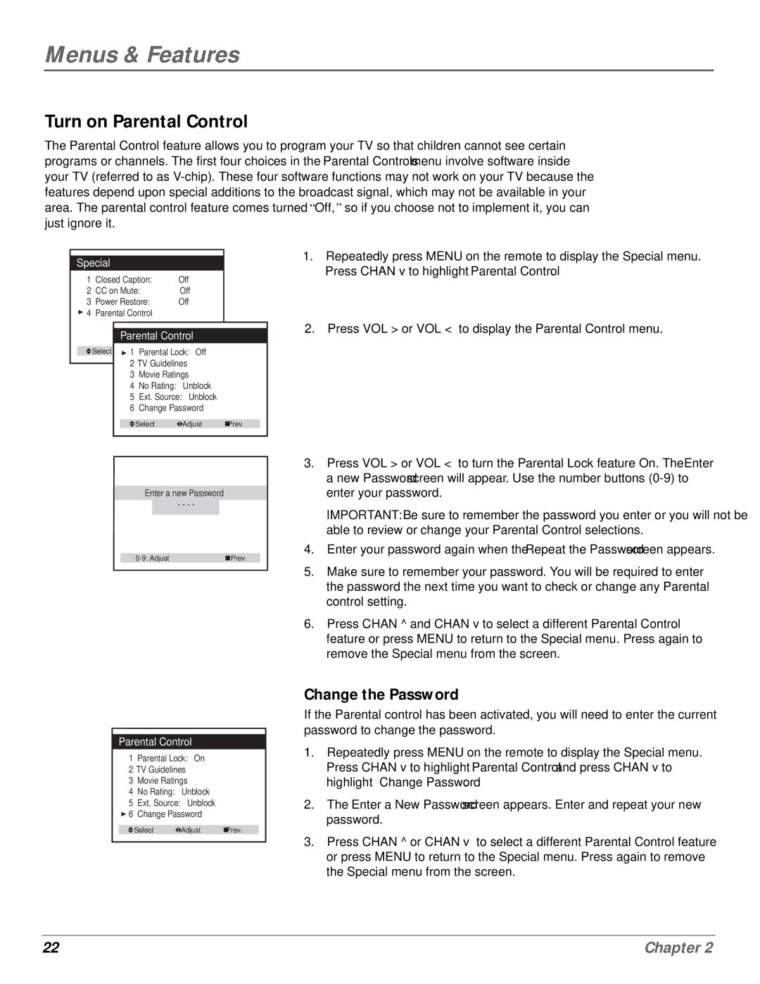 GE MG14200, MG20200 manual Turn on Parental Control, Change the Password 