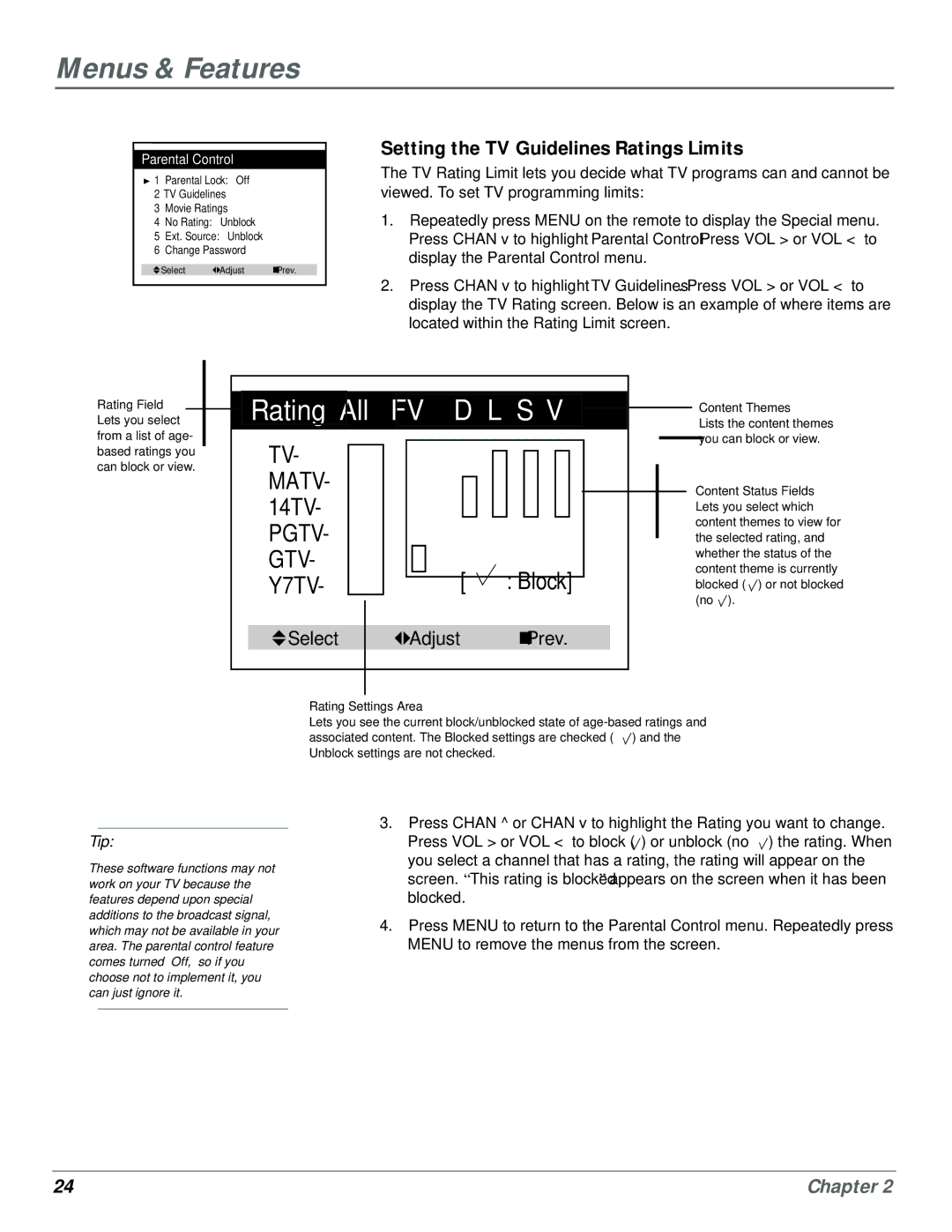 GE MG14200, MG20200 manual Fv D L S, Setting the TV Guidelines Ratings Limits 