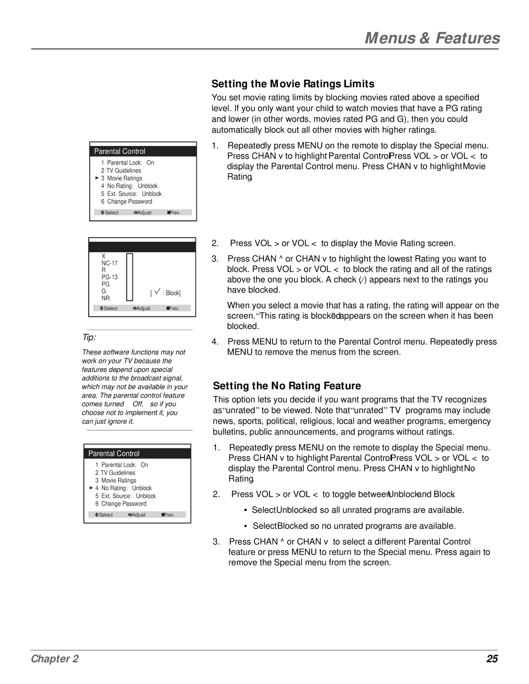 GE MG14200, MG20200 manual Setting the Movie Ratings Limits, Setting the No Rating Feature 