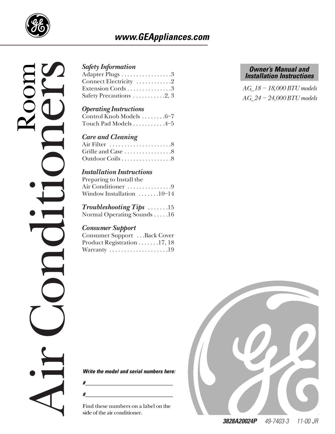 GE AG_14, MG_24 installation instructions Air Conditioners, Write the model and serial numbers here 