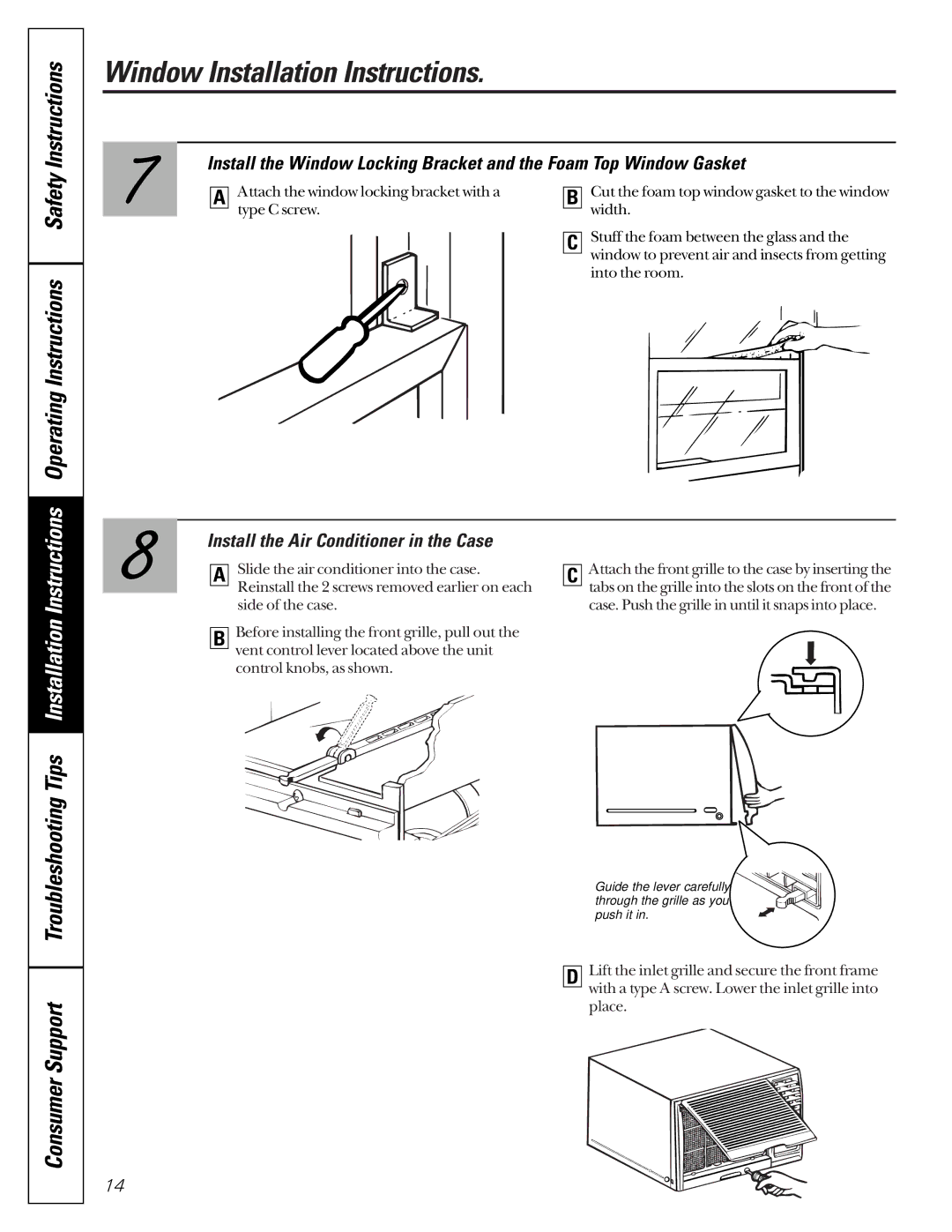 GE MG_24, AG_14 installation instructions Install the Air Conditioner in the Case 