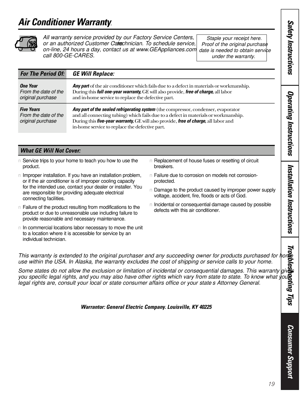 GE AG_14, MG_24 Air Conditioner Warranty, GE Will Replace, What GE Will Not Cover, For The Period, One Year 