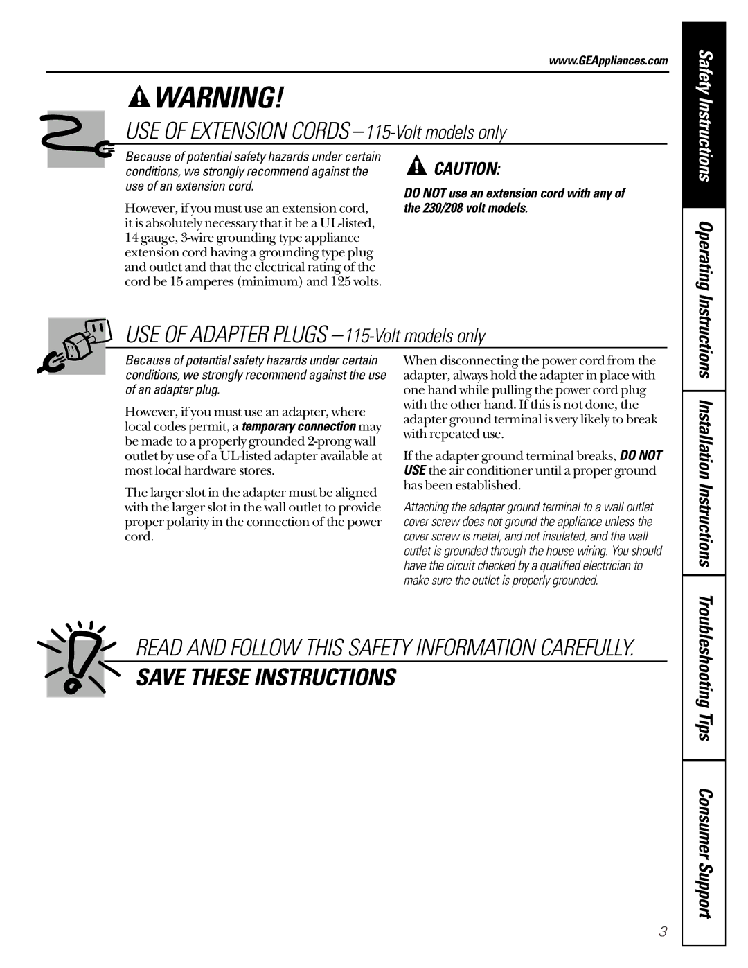 GE AG_14, MG_24 installation instructions USE of Extension Cords -115-Volt models only 