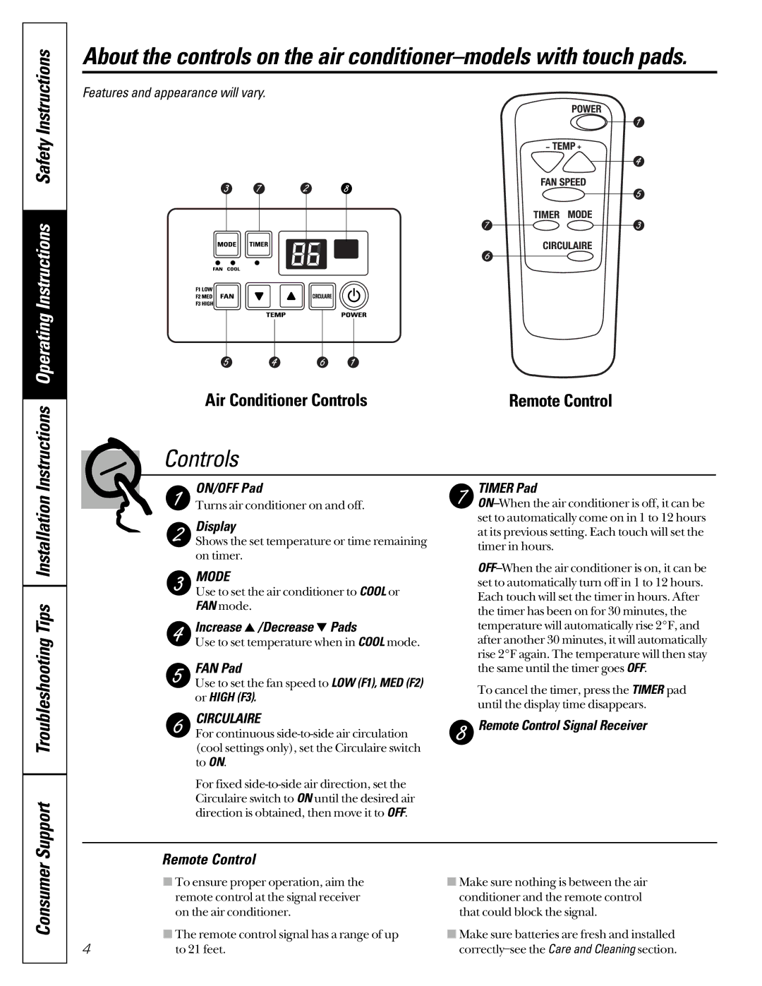 GE MG_24, AG_14 installation instructions Controls, Remote Control 