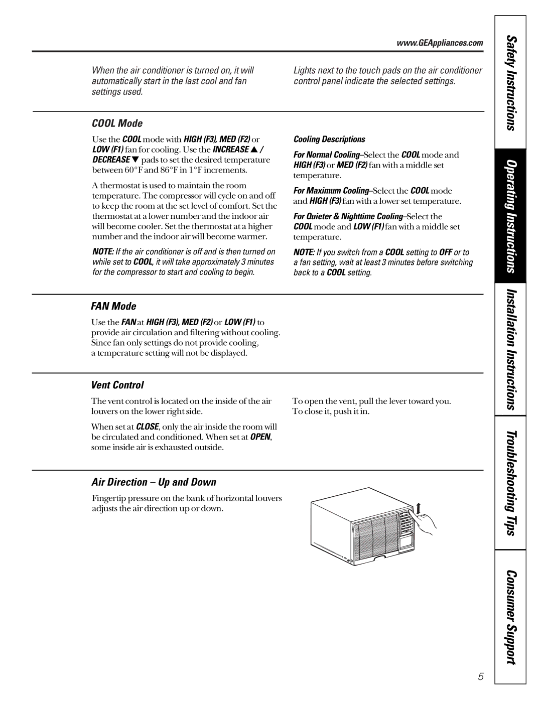 GE AG_14, MG_24 installation instructions Cool Mode, FAN Mode, Vent Control, Air Direction Up and Down, Cooling Descriptions 