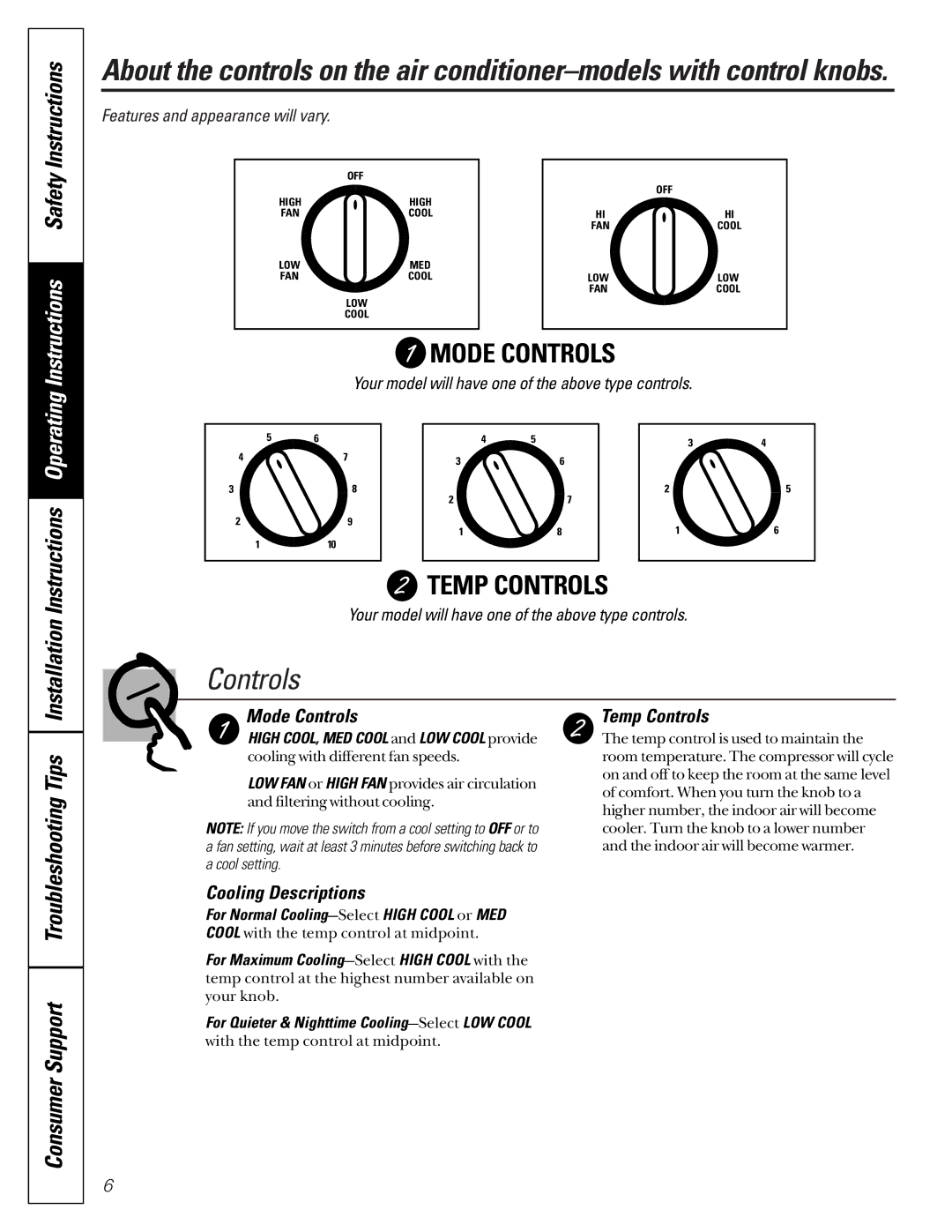 GE MG_24, AG_14 Mode Controls, Temp Controls, Cooling Descriptions, For Normal Cooling-SelectHIGH Cool or MED 