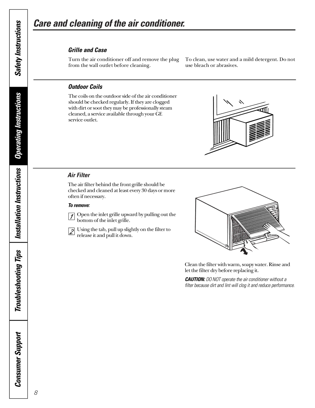 GE MG_24, AG_14 Care and cleaning of the air conditioner, Grille and Case, Outdoor Coils, Air Filter, To remove 