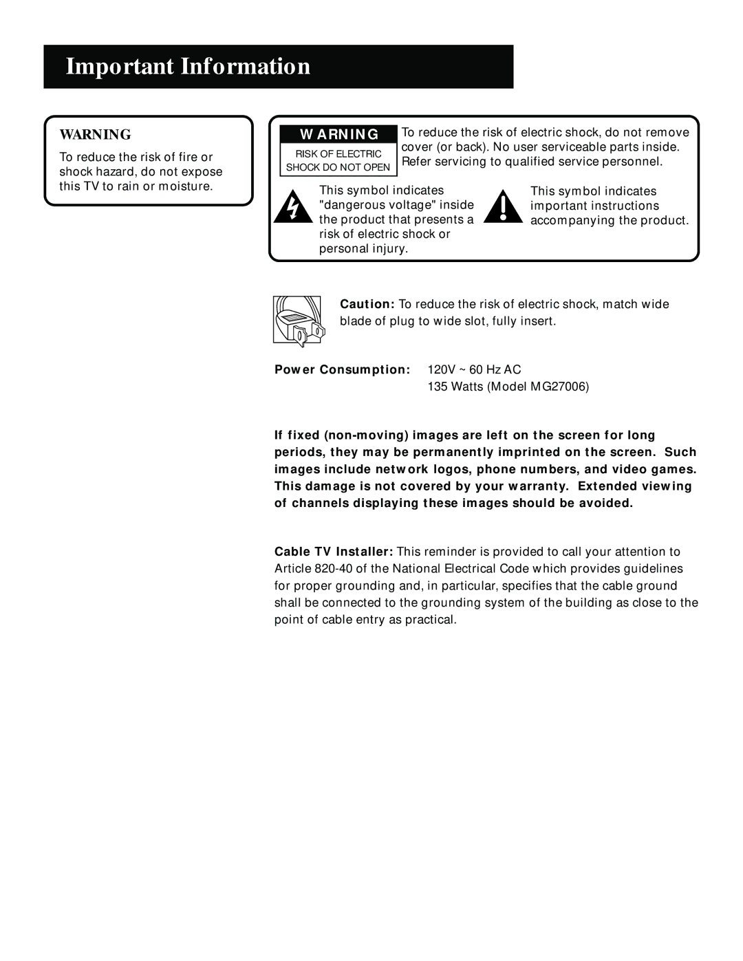 GE MG27006 manual Important Information 